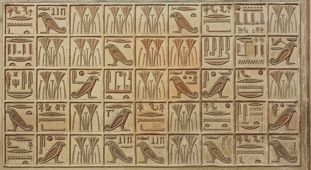 Obraz premium Ancient Egyptian hieroglyphic relief carving featuring repetitive bird and plant symbols a historical cultural pattern for design backgrounds and educational materials