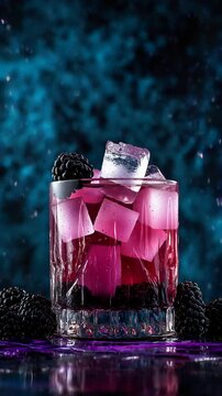 Refreshing blackberry cocktail with ice cubes in a glass on a dark moody background.