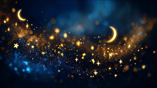 Magical Blue Night Sky Background with Golden Glitter Stars and Crescent Moons