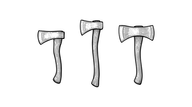 Engraved axes illustration in black and white on a white background