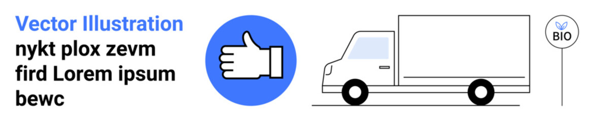 Logistics, eco-friendly transport, sustainability, biofuel, delivery, thumbs up. Minimalist white truck outline with thumbs-up symbol and biofuel indicator. Logistics and eco-friendly transport
