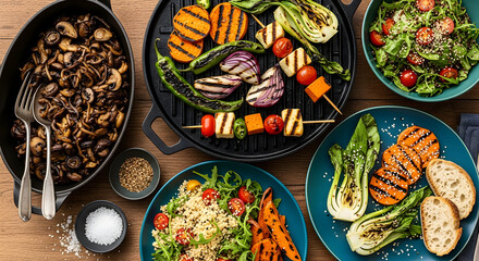Healthy Vegetarian Buffet: Grilled Vegetables, Quinoa Salad, and Mushrooms