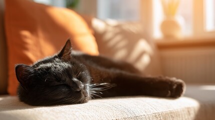 black cat sleeping belly up on warm light sofa in bright cozy living room