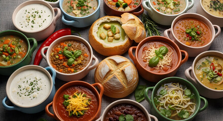 Abundant Buffet of Diverse Soups and Breads, Offering Comfort and Variety