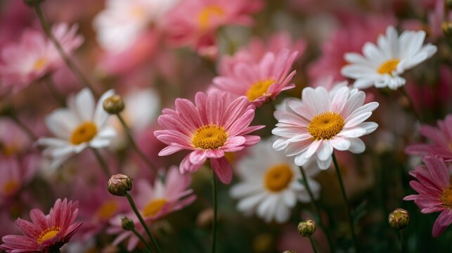 pink and white daisies blooming in soft natural light and gentle garden atmosphere - Powered by Adobe