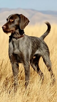 Alert German Wirehaired Pointer Dog Standing in Golden Grass Field with Mountains.