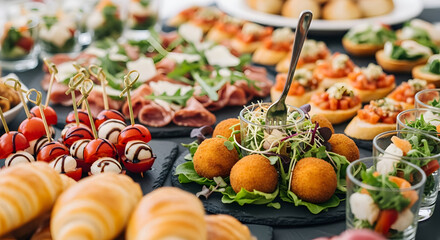Delicious buffet catering spread with appetizers, caprese skewers, arancini, and mini croissants