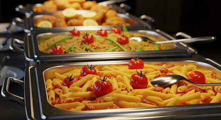 Assortment of Delicious Buffet Food in Chafing Dishes with Serving Spoons