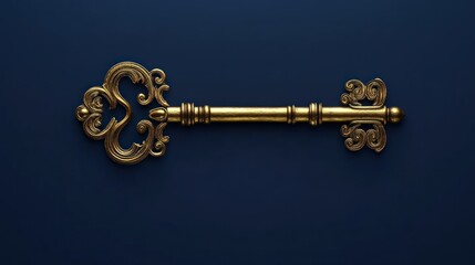 Antique gold key on navy background, studio shot, for unlocking opportunities