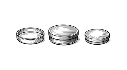 Engraved illustration of three round containers on a white background