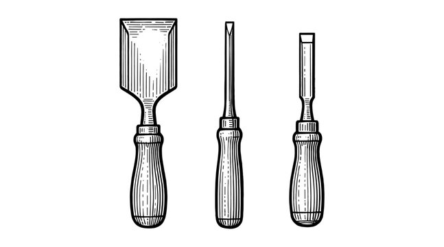 Detailed illustration of three wood chisels on a white background