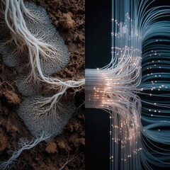 Organic mycelium roots merging with digital fiber optic network abstract concept of nature technology connection and data flow