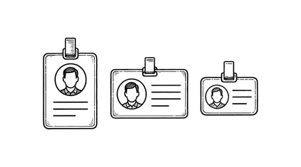 Hand-drawn ID badge illustrations in black and white on a white background
