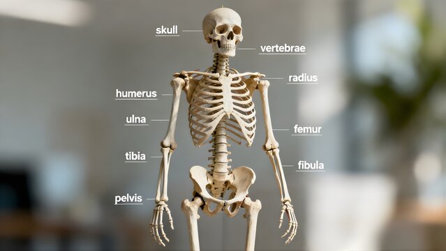 AI-generated educational display of a human skeleton model with labeled bones, shown in a bright indoor setting with a clear, minimalistic, and informative visual style.