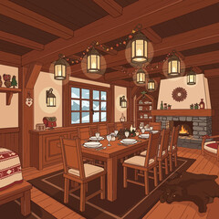 Cozy rustic dining room interior with wooden furniture and warm fireplace ambiance