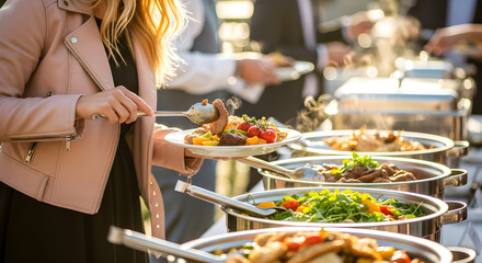 Woman serving herself food from a buffet at an outdoor event, with steam rising from the dishes