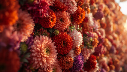 Fototapeta premium カラフルな菊の花が連なる花の壁が広がる結婚式やパーティー向けの上品な背景素材.生成AI