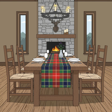 Cozy rustic dining room with a stone fireplace and wooden furniture for family gatherings