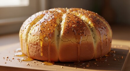 Golden baked round loaf generously coated with sweet dripping glaze and seeds rests upon a wooden surface