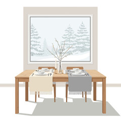 Cozy winter scene with a dining table overlooking snowy landscape through a large window