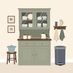 Vintage kitchen cabinet with dishes and utensils in a cozy home setting