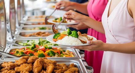 Woman selecting food from a diverse buffet spread, choosing rice, broccoli, carrots, and chicken for a healthy meal.