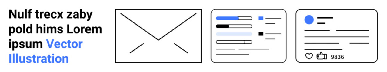 Communication, user interface design, digital media, social networks, email, information flow. Envelope icon, UI sliders social media card with thumbs ups and comments. Communication and user