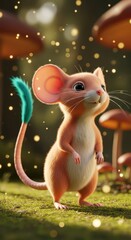 Fototapeta premium Adorable anthropomorphic rodent with a bright tail stands in a magical forest setting