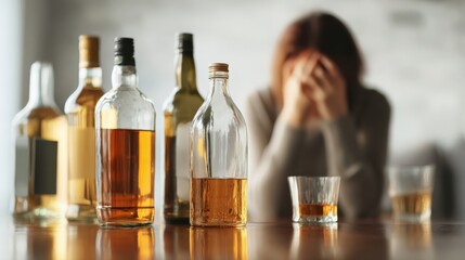 Woman with head in hands, surrounded by empty alcohol bottles and a glass, reflecting the struggles of alcohol addiction and the emotional toll it takes on individuals