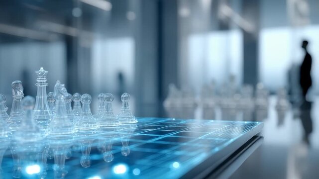 Transparent chess pieces stand on a glowing digital board, representing advanced strategy and business intelligence. The sleek office background highlights technology and forward thinking concepts