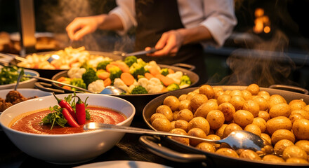 Obraz premium Abundant Buffet Spread: Chef Preparing Hot Food with Steam, Featuring Roasted Potatoes, Soup, and Vegetables