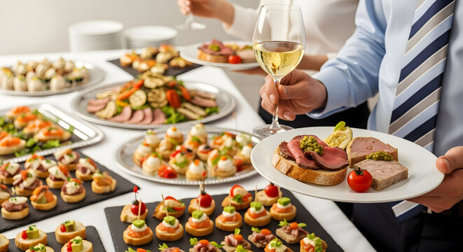 Elegant buffet spread with a man holding a plate of gourmet food and a glass of wine at a catered event.