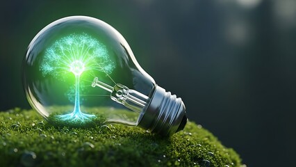 Glowing green energy tree inside a lightbulb resting on vibrant moss symbolizes sustainable innovation and ecological breakthrough ideas