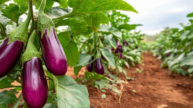 Close up of vibrant purple eggplants growing on lush green plants in a sunny farm field.