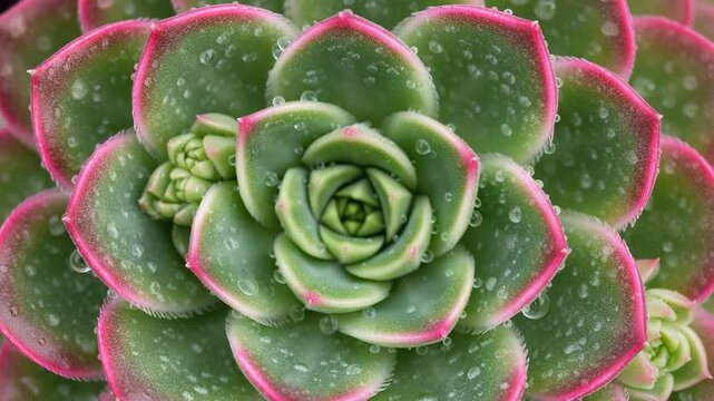 Closeup of succulent plant with pink edges and water droplets