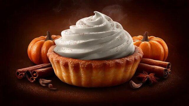 Warm Pumpkin Tart Topped with Creamy Whipped Cream and Spices for Fall.