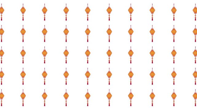 Many repeated orange chinese lanterns on a white background. Suitable for festive designs, chinese new year artwork, or party invitations.