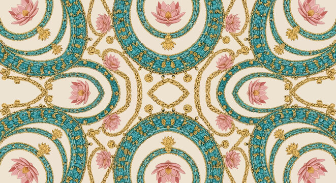 Intricate floral mandala pattern with lotus flowers and gold chain elements decorative seamless background for textile and wallpaper design