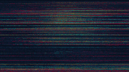 Dark, abstract background featuring tight, faint, colorful horizontal glitch scanlines in red, blue, and yellow, resembling digital error data.