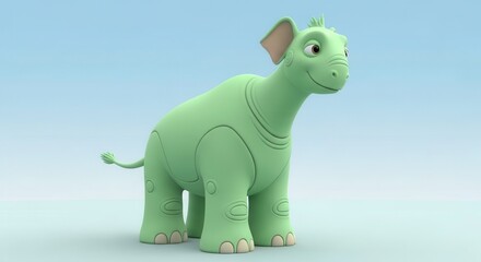 Fototapeta premium Cute, friendly, animated prehistoric creature stands against a soft light blue background