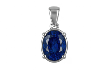 Silver pendant with oval blue sapphire gemstone on transparent background