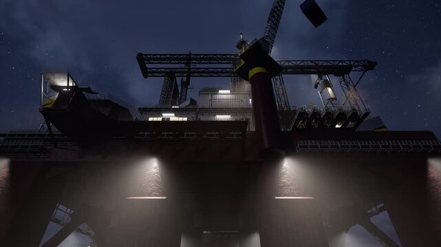 Offshore platform conducting petroleum extraction late at night while reducing environmental impact. Industrial drilling rig in dark sea following pollution regulations to protect marine ecosystem