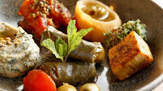 Delicious Assortment of Traditional Mediterranean Appetizers on Rustic Plate, Perfect for Sharing.