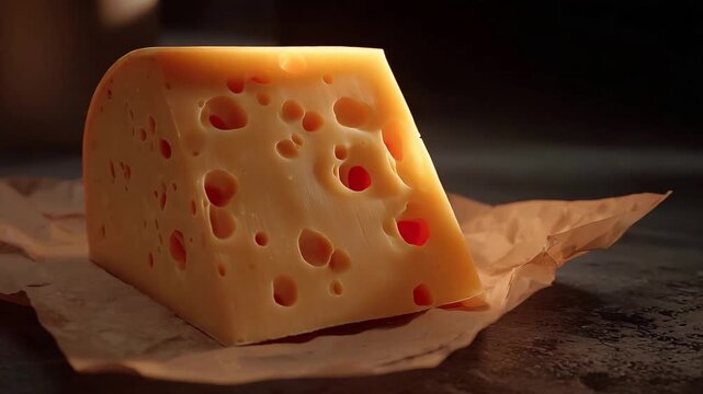 Close up of a delicious golden yellow Swiss cheese wedge with holes on brown paper.