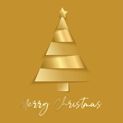 Golden Christmas tree paper cut design with shiny metallic layers and star on top, elegant Merry Christmas greeting card, minimalist festive holiday background in gold