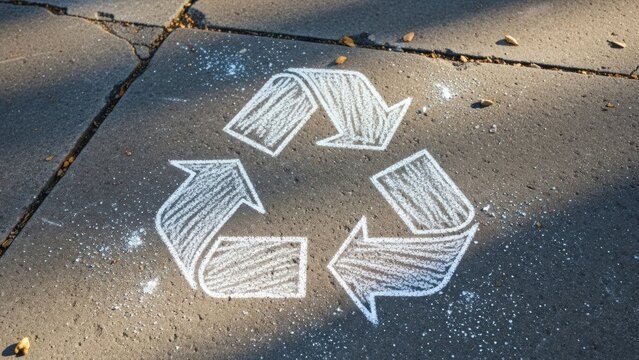 Chalk drawing of a recycling symbol on a concrete sidewalk with white chalk and shadows