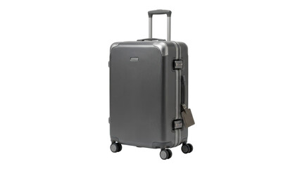 Sleek modern dark grey hard-shell luggage suitcase extended handle for travel isolated on black background