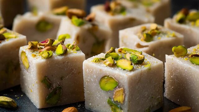 Delectable Creamy Milk Sweets Topped with Vibrant Green Pistachio Nuts and Delicate Sprinkles.