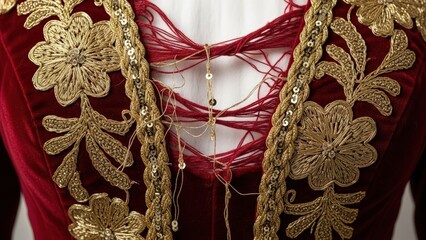 Close-up of a red velvet jacket with gold embroidery on a mannequin.