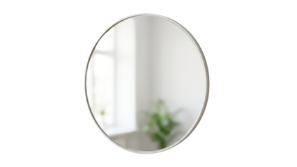 Elegant round mirror reflecting bright room scene with window and plant isolated on transparent background